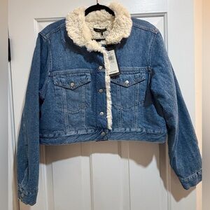 NWT Mavi Gold Blue Denim Cropped Jacket with Faux Fur